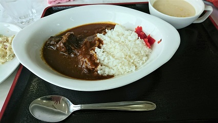 昼食券で注文したビーフカレー、スプーンごしに指とか映っちゃってますが気にしない。