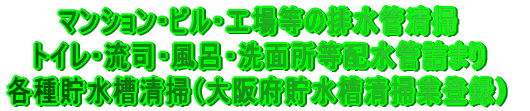 マンション・ビル・工場等の排水管清掃、トイレ・流司・風呂・洗面所等配水管詰まり、各種貯水槽清掃（大阪府貯水槽清掃業登録）